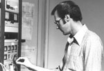 Don Kent taking transmitter readings at KFWB, 1973