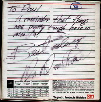Picture of the tape box for this aircheck, with message from Dr. Don Rose to Paul Drew. To Paul, a reminder that things are pretty tough here in Atlanta. Best always, Dr. Don Rose.