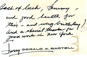 Card signed by Gerald A. Bartell: Best of luck, Sammy - and good health for this and every birthday! And a special thanks for good work in New York. Jerry